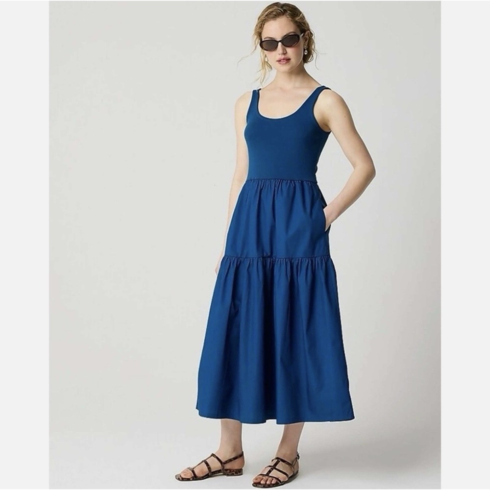 J Crew Tiered Knit Mixy Midi Dress Size 2X XXL Blue Sleeveless Cotton Blend NEW